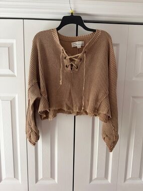 Vintage Havana Lace-Up Cropped Waffle Sweater in Tan